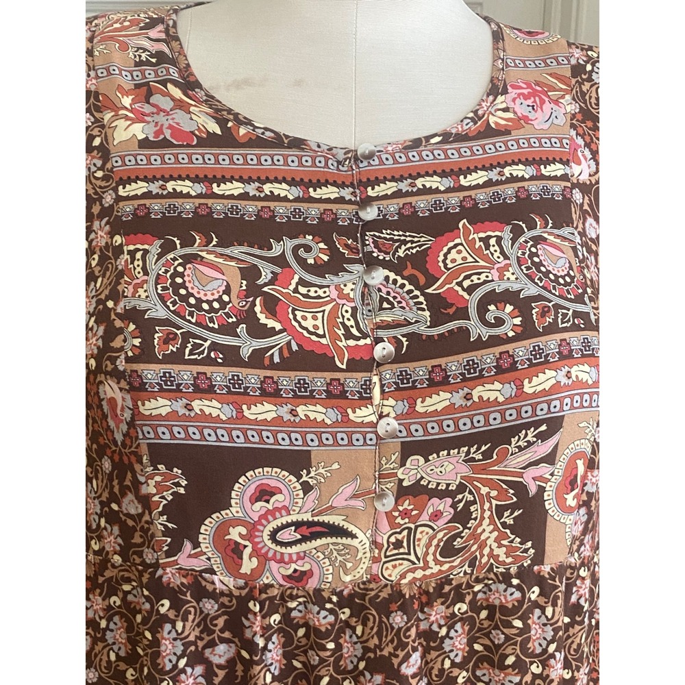 Tribal dress Brown Paisley Floral Tiered‎ Midi Dress Long Sleeve Boho Size L - Picture 7 of 8